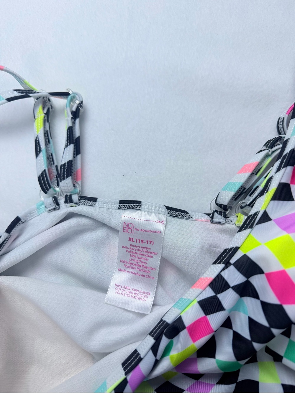 No Boundaries Junior’s XL (15-17) Black Multi Neon Checkerboard One Piece Swim - Picture 3 of 7
